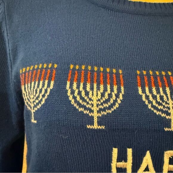 “Happy Challa Days” Knit Sweater Size L Royal Blue Hanukkah MenorahJewishHoliday - Picture 4 of 10